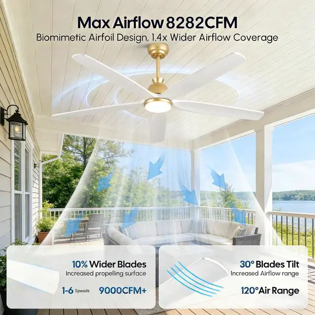 Alt view image 4 of 6 - 52 Inch White Gold Wood Ceiling Fan with Lights, Outdoor Fans for Patio Damp Rated, Modern 5 Blade Propeller Remote Control, High CFM Quiet DC Motor, for Indoor Living Room Exterior Porch, 3 Downrod