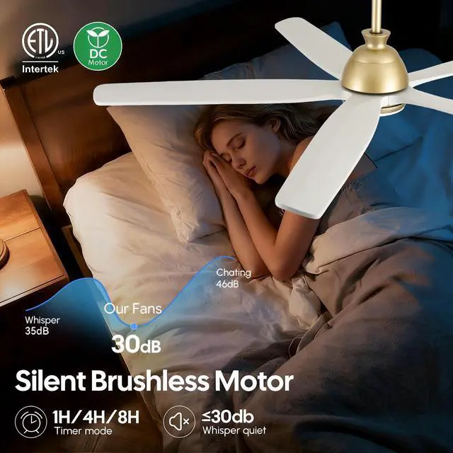 Alt view image 5 of 6 - 52 Inch White Gold Wood Ceiling Fan with Lights, Outdoor Fans for Patio Damp Rated, Modern 5 Blade Propeller Remote Control, High CFM Quiet DC Motor, for Indoor Living Room Exterior Porch, 3 Downrod