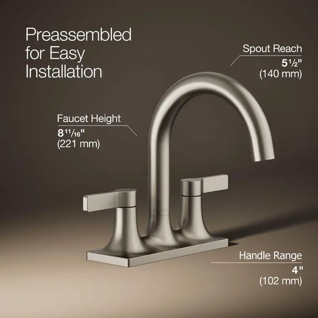 Alt view image 3 of 6 - K-28124-4-BN Venza® Centerset Bathroom Sink Faucet, 3-Hole, 1.2 GPM, Easy Installation, Corrosion Resistant, Vibrant Brushed Nickel