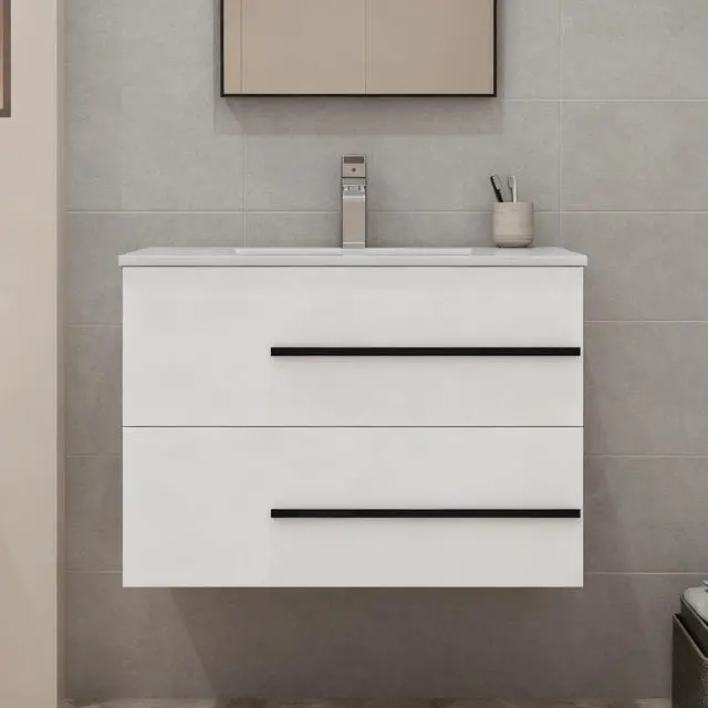 Alt view image 2 of 5 - 30 inch Floating Bathroom Vanity Without Sink, Space Saving Fluted Design for Small Bathrooms, Soft Closing Drawers & Black Handles White