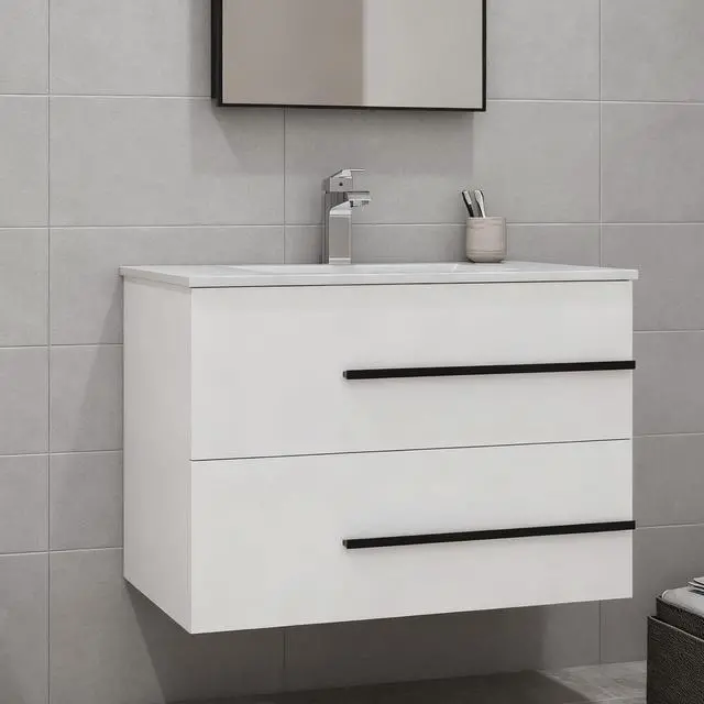 Alt view image 5 of 5 - 30 inch Floating Bathroom Vanity Without Sink, Space Saving Fluted Design for Small Bathrooms, Soft Closing Drawers & Black Handles White