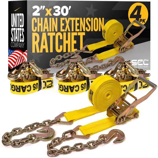 Main image of Chain Ratchet Straps 2 Inch x 30 Foot (4-Pack), 10,000 LBS Break Strength, Heavy Duty Ratchet Straps with Chains Ends & Grab Hooks, Heavy Equipment Tie-Downs, Tractor Tie Downs