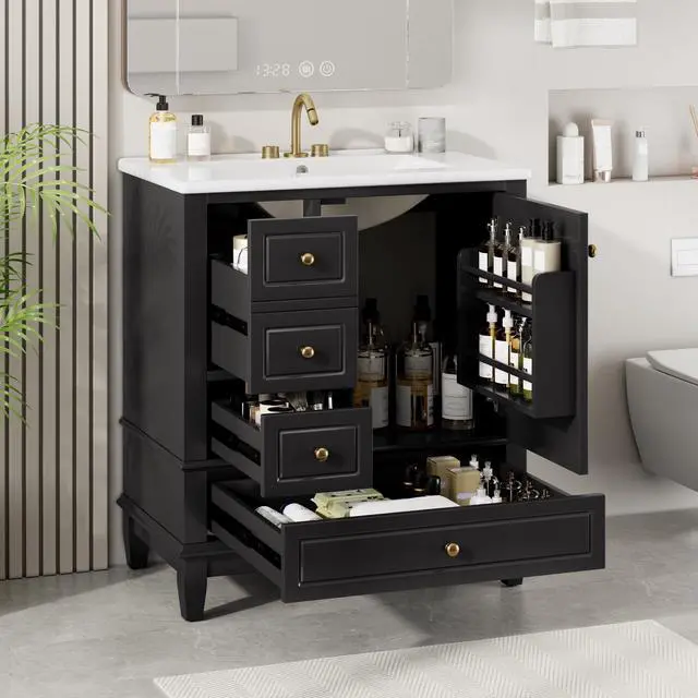 Main image of 30 Inch Black Bathroom Vanity with Sink,Modern Bathroom Vanity with Integrated Countertop,3 Drawers Left Hand,Storage Door Organizer,Soft Closing Door with Sliver Handles,Solid Wood Frame