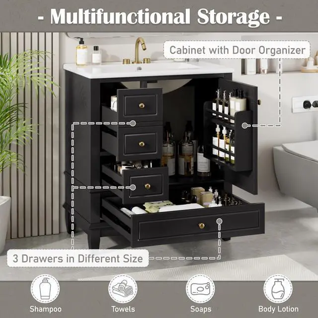 Alt view image 2 of 6 - 30 Inch Black Bathroom Vanity with Sink,Modern Bathroom Vanity with Integrated Countertop,3 Drawers Left Hand,Storage Door Organizer,Soft Closing Door with Sliver Handles,Solid Wood Frame