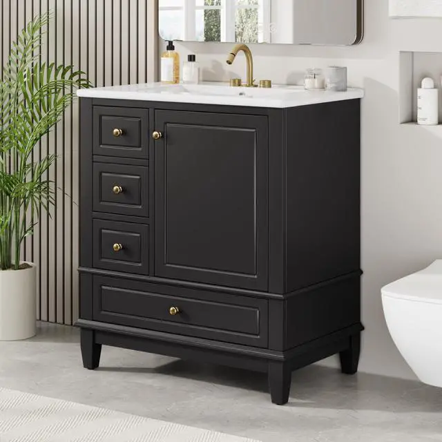 Alt view image 3 of 6 - 30 Inch Black Bathroom Vanity with Sink,Modern Bathroom Vanity with Integrated Countertop,3 Drawers Left Hand,Storage Door Organizer,Soft Closing Door with Sliver Handles,Solid Wood Frame