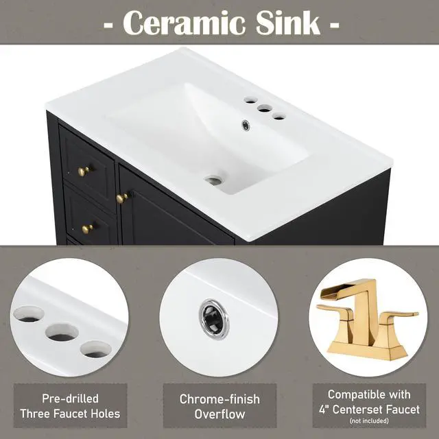 Alt view image 4 of 6 - 30 Inch Black Bathroom Vanity with Sink,Modern Bathroom Vanity with Integrated Countertop,3 Drawers Left Hand,Storage Door Organizer,Soft Closing Door with Sliver Handles,Solid Wood Frame