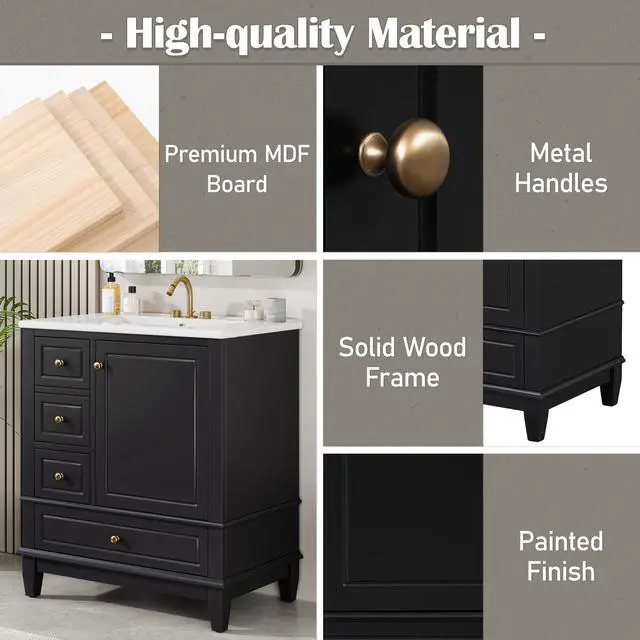 Alt view image 5 of 6 - 30 Inch Black Bathroom Vanity with Sink,Modern Bathroom Vanity with Integrated Countertop,3 Drawers Left Hand,Storage Door Organizer,Soft Closing Door with Sliver Handles,Solid Wood Frame