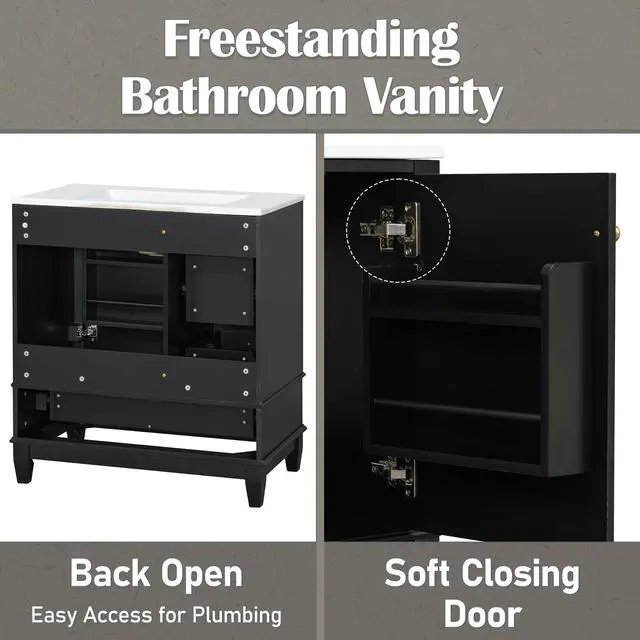 Alt view image 6 of 6 - 30 Inch Black Bathroom Vanity with Sink,Modern Bathroom Vanity with Integrated Countertop,3 Drawers Left Hand,Storage Door Organizer,Soft Closing Door with Sliver Handles,Solid Wood Frame