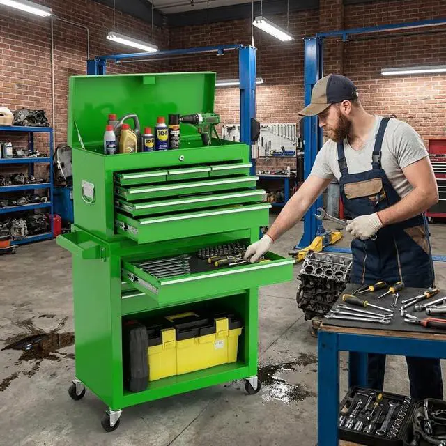 Alt view image 2 of 6 - Tool Chest, 8-Drawer Rolling Tool Storage Cabinet with Wheels, Detachable Top Tool Box, and Locking Mechanism, Metal Barber Tool Cart with Liner and 6 Hooks for Garage, Workshop, Green