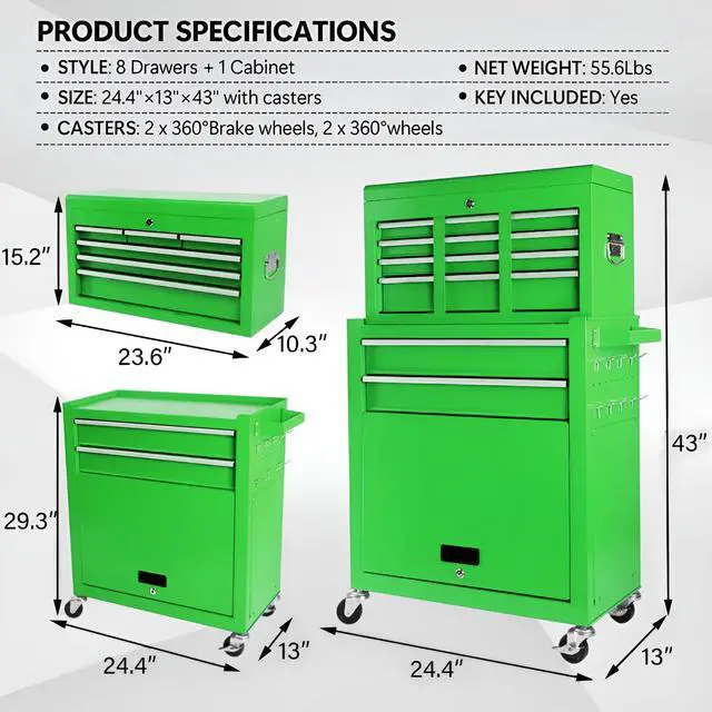 Alt view image 3 of 6 - Tool Chest, 8-Drawer Rolling Tool Storage Cabinet with Wheels, Detachable Top Tool Box, and Locking Mechanism, Metal Barber Tool Cart with Liner and 6 Hooks for Garage, Workshop, Green