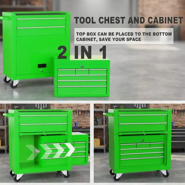 Alt view image 5 of 6 - Tool Chest, 8-Drawer Rolling Tool Storage Cabinet with Wheels, Detachable Top Tool Box, and Locking Mechanism, Metal Barber Tool Cart with Liner and 6 Hooks for Garage, Workshop, Green