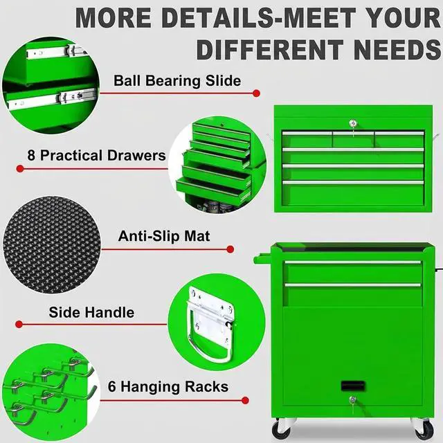 Alt view image 6 of 6 - Tool Chest, 8-Drawer Rolling Tool Storage Cabinet with Wheels, Detachable Top Tool Box, and Locking Mechanism, Metal Barber Tool Cart with Liner and 6 Hooks for Garage, Workshop, Green