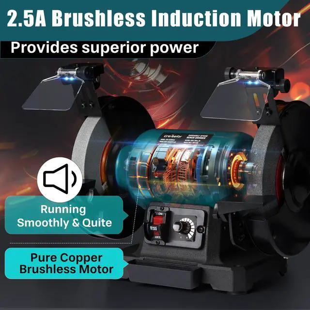 Alt view image 2 of 6 - 6-Inch Variable Speed Bench Grinder with Grinding Wheel Dresser, 17253450 RPM 2.5 Amp Brushless Induction Motor, LED Work Light, Eye Shields, Cast-Iron Base for Sharpening, Grinding & Polishing