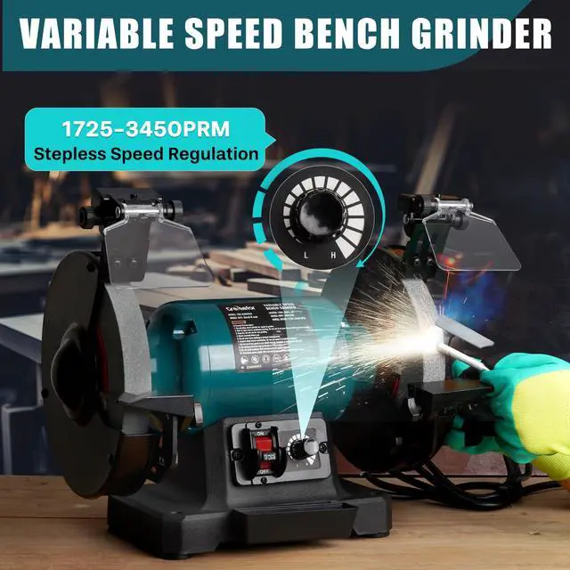 Alt view image 3 of 6 - 6-Inch Variable Speed Bench Grinder with Grinding Wheel Dresser, 17253450 RPM 2.5 Amp Brushless Induction Motor, LED Work Light, Eye Shields, Cast-Iron Base for Sharpening, Grinding & Polishing