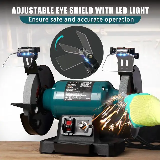 Alt view image 5 of 6 - 6-Inch Variable Speed Bench Grinder with Grinding Wheel Dresser, 17253450 RPM 2.5 Amp Brushless Induction Motor, LED Work Light, Eye Shields, Cast-Iron Base for Sharpening, Grinding & Polishing