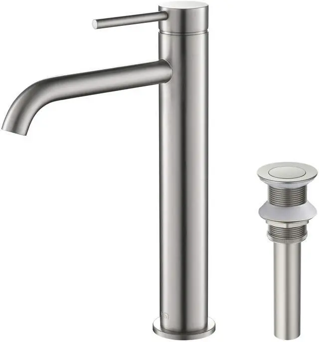 Main image of Solid Brass Single Handle Single Hole Circular Faucet for Bathroom Sink with Pop Up Drain | High Arc Faucet Spout Design | Corrosion and Rust Resistant (Brushed Nickel, KBF1009)