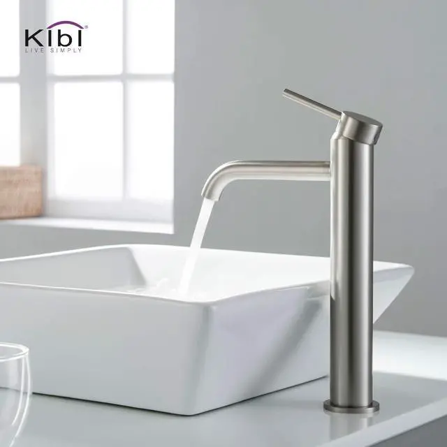 Alt view image 2 of 6 - Solid Brass Single Handle Single Hole Circular Faucet for Bathroom Sink with Pop Up Drain | High Arc Faucet Spout Design | Corrosion and Rust Resistant (Brushed Nickel, KBF1009)