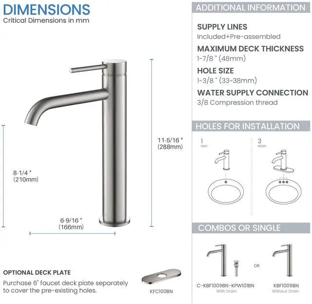 Alt view image 3 of 6 - Solid Brass Single Handle Single Hole Circular Faucet for Bathroom Sink with Pop Up Drain | High Arc Faucet Spout Design | Corrosion and Rust Resistant (Brushed Nickel, KBF1009)
