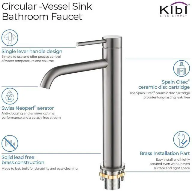 Alt view image 4 of 6 - Solid Brass Single Handle Single Hole Circular Faucet for Bathroom Sink with Pop Up Drain | High Arc Faucet Spout Design | Corrosion and Rust Resistant (Brushed Nickel, KBF1009)