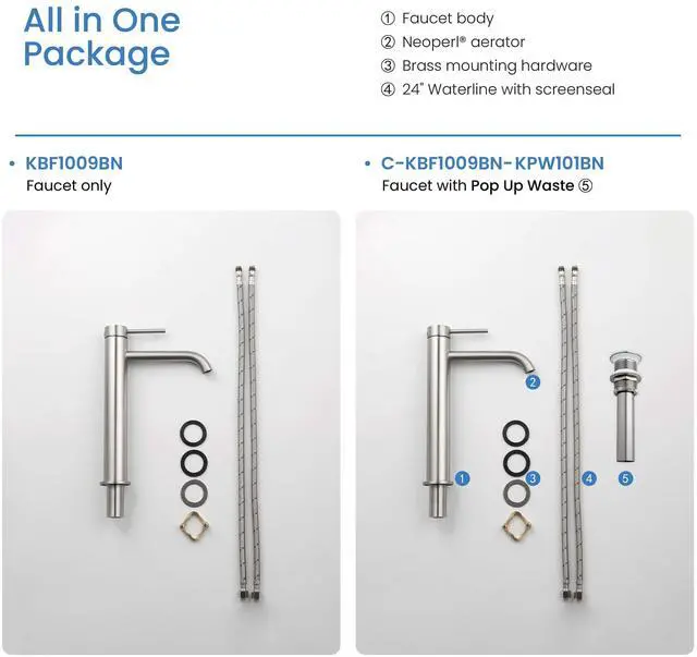 Alt view image 5 of 6 - Solid Brass Single Handle Single Hole Circular Faucet for Bathroom Sink with Pop Up Drain | High Arc Faucet Spout Design | Corrosion and Rust Resistant (Brushed Nickel, KBF1009)