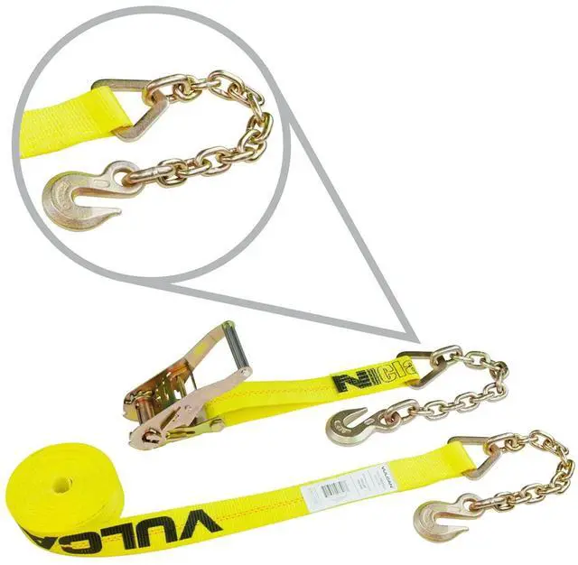 Main image of Ratchet Strap with Chain Anchors - 2 Inch x 30 Foot - Classic Yellow - Case of 3-3,600 Pound Safe Working Load