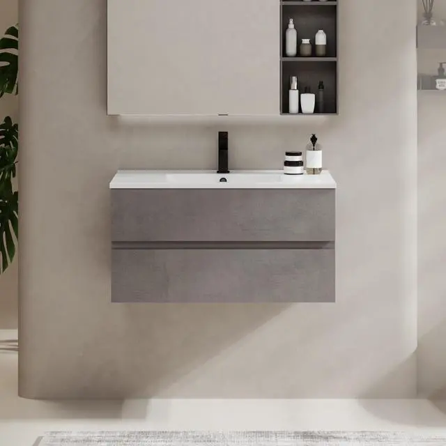 Main image of 36" Wall Mounted Bathroom Vanity with Sink Combo Set, Floating Bathroom Storage Cabinet w/Bevelled Invisible Handles, 2 Drawers, Cement Grey (White Sink, Faucet Included)