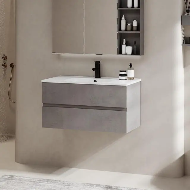 Alt view image 2 of 6 - 36" Wall Mounted Bathroom Vanity with Sink Combo Set, Floating Bathroom Storage Cabinet w/Bevelled Invisible Handles, 2 Drawers, Cement Grey (White Sink, Faucet Included)