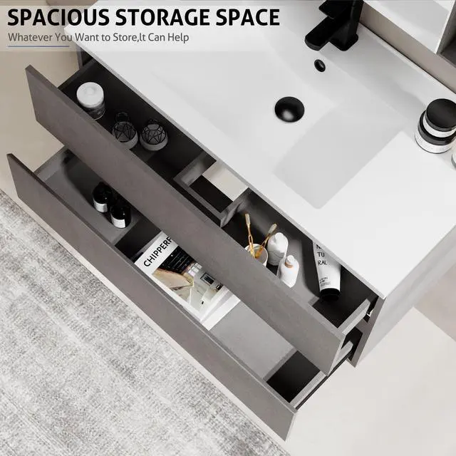 Alt view image 3 of 6 - 36" Wall Mounted Bathroom Vanity with Sink Combo Set, Floating Bathroom Storage Cabinet w/Bevelled Invisible Handles, 2 Drawers, Cement Grey (White Sink, Faucet Included)
