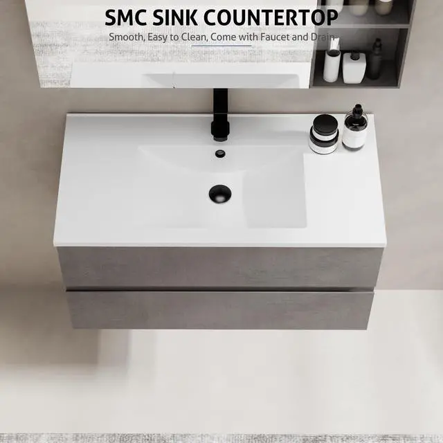 Alt view image 5 of 6 - 36" Wall Mounted Bathroom Vanity with Sink Combo Set, Floating Bathroom Storage Cabinet w/Bevelled Invisible Handles, 2 Drawers, Cement Grey (White Sink, Faucet Included)