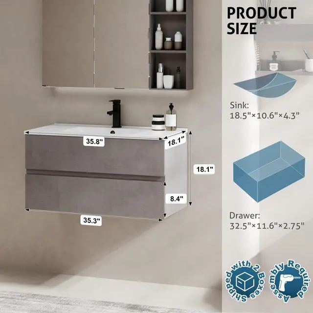 Alt view image 6 of 6 - 36" Wall Mounted Bathroom Vanity with Sink Combo Set, Floating Bathroom Storage Cabinet w/Bevelled Invisible Handles, 2 Drawers, Cement Grey (White Sink, Faucet Included)