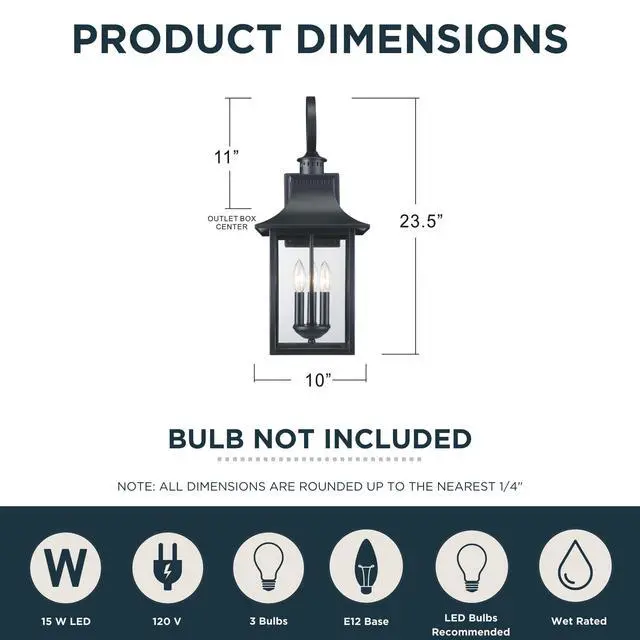 Alt view image 3 of 6 - Chancellor 23.25" Outdoor Wall Lantern, 3-Light Mystic Black Sconce with Clear Glass for Porch, Patio, or Entryway
