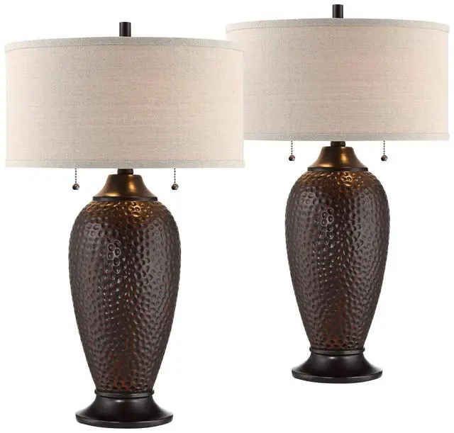 Alt view image 2 of 6 - Cody Rustic Farmhouse 3-Way Table Lamps 26" High Set of 2 with Table Top Dimmers Hammered Oiled Bronze Oatmeal Linen Drum Shade for Living Room Bedroom House Bedside Nightstand