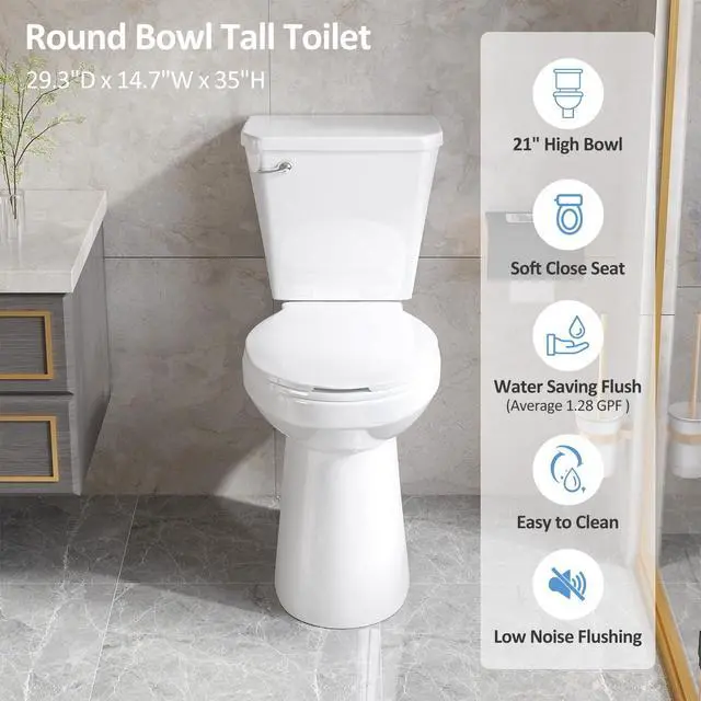 Alt view image 5 of 6 - Simple Projet Tall Toilets for Seniors 21 inch Extra High Toilets, Comfort Bowl Heigh 21", Seat Height 22", Two-Piece Toilet 1.28GPF Powerful, 12 Inch Rough-in, White Color, for Bathroom