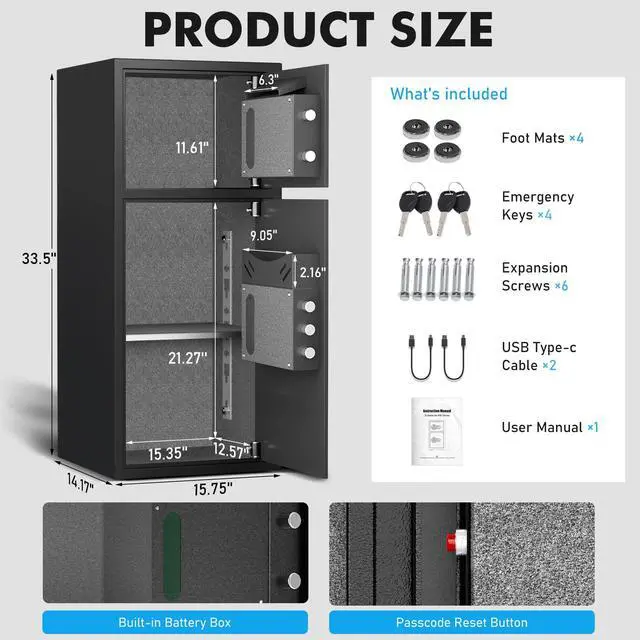 Alt view image 2 of 6 - 7.0 Cu ft Large Safe Box Fireproof Waterproof,with LED Light fire proof safe for home documents,Fingerprint password personal Safes with Deposit Slot & Dual Alarm System,Security Box fo Valuables