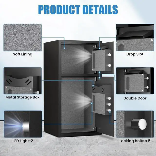 Alt view image 4 of 6 - 7.0 Cu ft Large Safe Box Fireproof Waterproof,with LED Light fire proof safe for home documents,Fingerprint password personal Safes with Deposit Slot & Dual Alarm System,Security Box fo Valuables