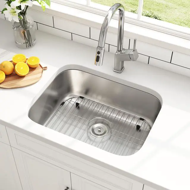Main image of 23 Inch Undermount Curved Shape Single Bowl Kitchen Sink | 304 Stainless Steel, 18 Gauge Thickness, Brushed Satin Finish, Strainer & Grid Included, 23-3/8" x 17-3/4" x 9"