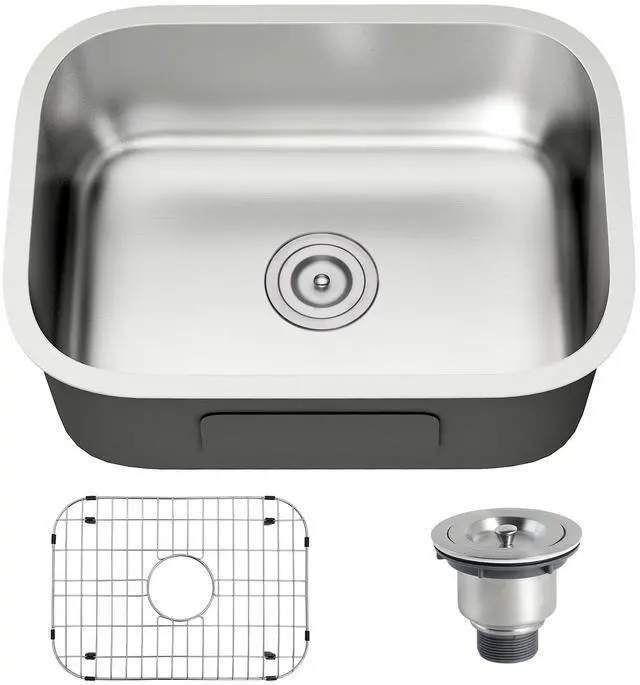 Alt view image 2 of 6 - 23 Inch Undermount Curved Shape Single Bowl Kitchen Sink | 304 Stainless Steel, 18 Gauge Thickness, Brushed Satin Finish, Strainer & Grid Included, 23-3/8" x 17-3/4" x 9"