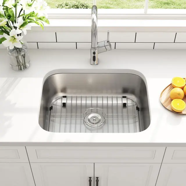 Alt view image 3 of 6 - 23 Inch Undermount Curved Shape Single Bowl Kitchen Sink | 304 Stainless Steel, 18 Gauge Thickness, Brushed Satin Finish, Strainer & Grid Included, 23-3/8" x 17-3/4" x 9"