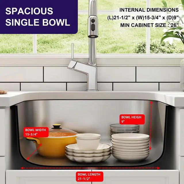 Alt view image 4 of 6 - 23 Inch Undermount Curved Shape Single Bowl Kitchen Sink | 304 Stainless Steel, 18 Gauge Thickness, Brushed Satin Finish, Strainer & Grid Included, 23-3/8" x 17-3/4" x 9"
