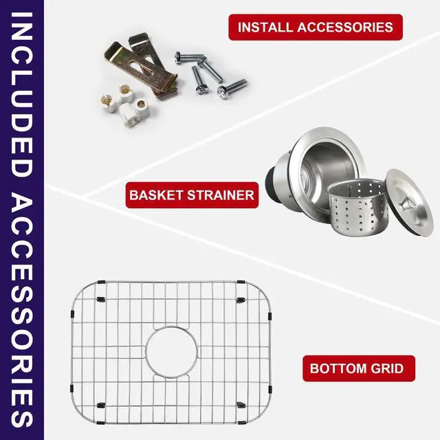 Alt view image 6 of 6 - 23 Inch Undermount Curved Shape Single Bowl Kitchen Sink | 304 Stainless Steel, 18 Gauge Thickness, Brushed Satin Finish, Strainer & Grid Included, 23-3/8" x 17-3/4" x 9"