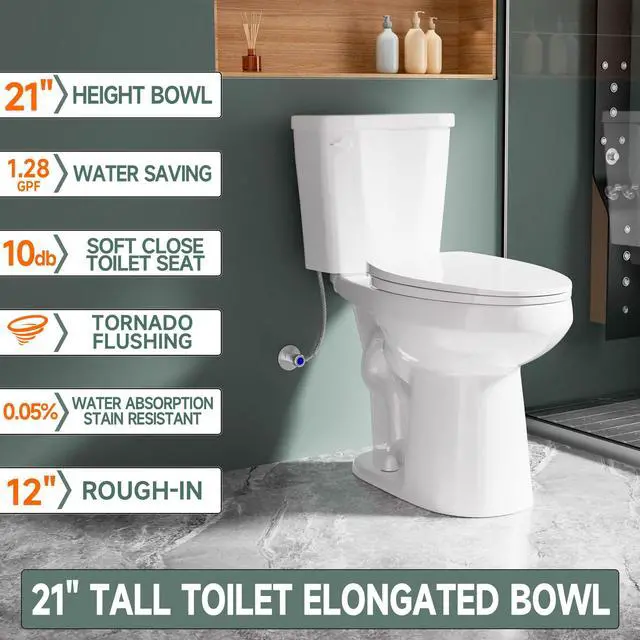 Alt view image 2 of 6 - Elongated 21 Inch Extra Tall White Toilet for Bathroom | Powerful Tornado Flush Single Flush 1.28 GPF, Comfort Bowl Heigh 21 High Toilet for Seniors, Two Piece 12 Rough In