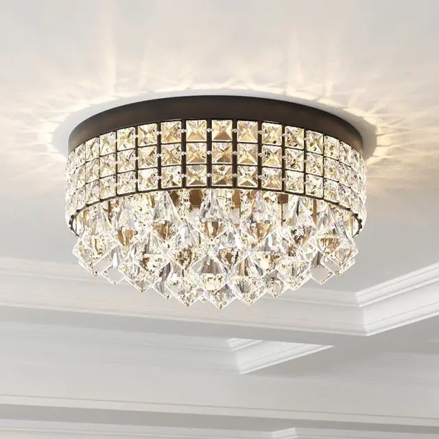 Main image of 4 Lights Crystal Chandelier, Recessed Drum Ceiling Light, Mini Crystal Flush Mount Round Metal Shade Raindrop Chandelier Crystal for Dining Room Living Room Bathroom Bedroom, Black