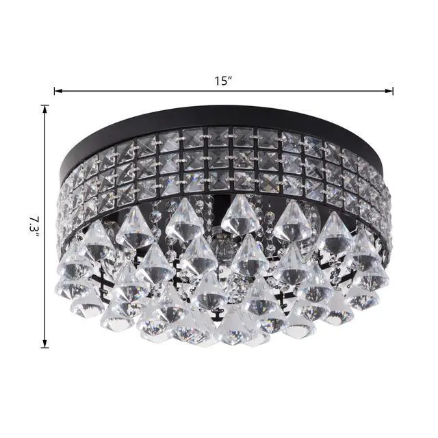 Alt view image 2 of 6 - 4 Lights Crystal Chandelier, Recessed Drum Ceiling Light, Mini Crystal Flush Mount Round Metal Shade Raindrop Chandelier Crystal for Dining Room Living Room Bathroom Bedroom, Black
