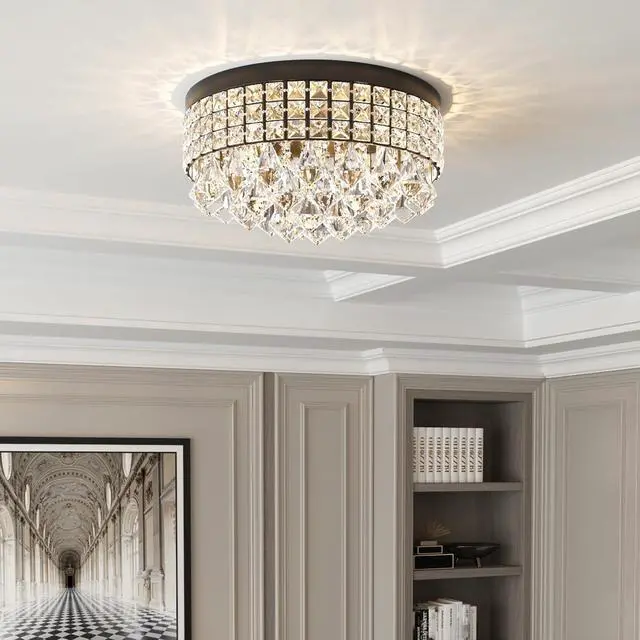 Alt view image 3 of 6 - 4 Lights Crystal Chandelier, Recessed Drum Ceiling Light, Mini Crystal Flush Mount Round Metal Shade Raindrop Chandelier Crystal for Dining Room Living Room Bathroom Bedroom, Black