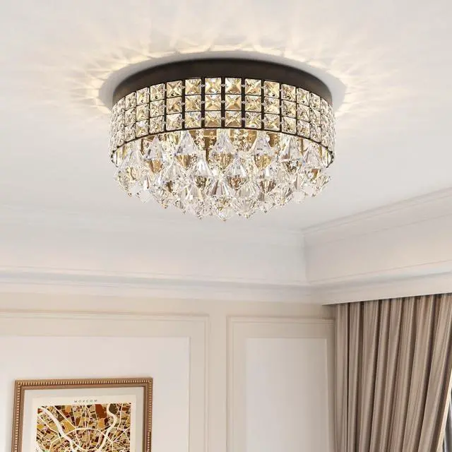 Alt view image 4 of 6 - 4 Lights Crystal Chandelier, Recessed Drum Ceiling Light, Mini Crystal Flush Mount Round Metal Shade Raindrop Chandelier Crystal for Dining Room Living Room Bathroom Bedroom, Black