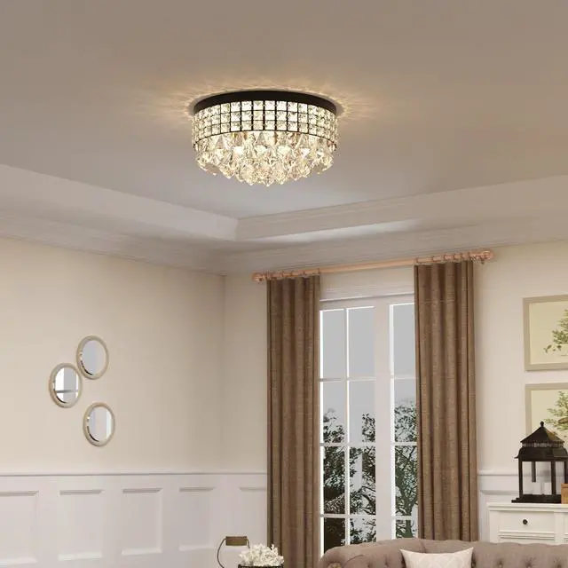Alt view image 5 of 6 - 4 Lights Crystal Chandelier, Recessed Drum Ceiling Light, Mini Crystal Flush Mount Round Metal Shade Raindrop Chandelier Crystal for Dining Room Living Room Bathroom Bedroom, Black