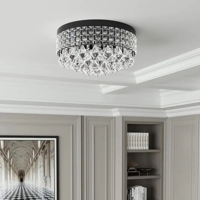 Alt view image 6 of 6 - 4 Lights Crystal Chandelier, Recessed Drum Ceiling Light, Mini Crystal Flush Mount Round Metal Shade Raindrop Chandelier Crystal for Dining Room Living Room Bathroom Bedroom, Black