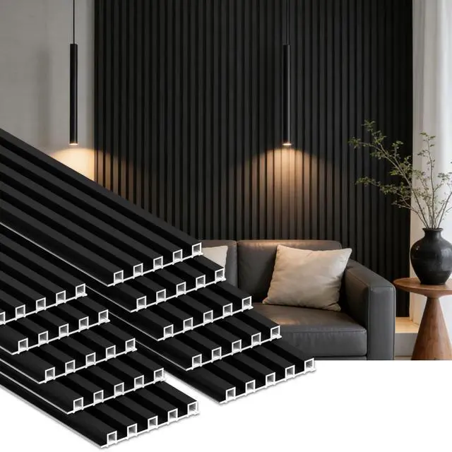 Main image of WPC Slat Wall Panels, 90.5 x 7.9 x 0.8Inches 10Pack 3D Accent Wall Paneling for Interior Home Decor Living Room, TV Background, Office, Bedroom (Matte Black)