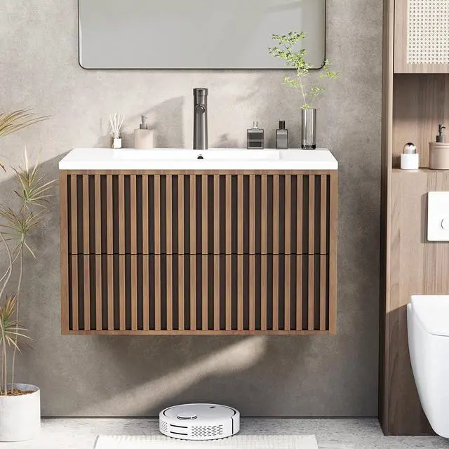 Main image of 30 Inch Bathroom Vanity with Sink Combo, Floating Vanity with 2 Fluted Drawers, Silent Slides, Floating Wall Mounted Bathroom Cabinet Includes Faucet & Adjustable Drainpipe, Walnut