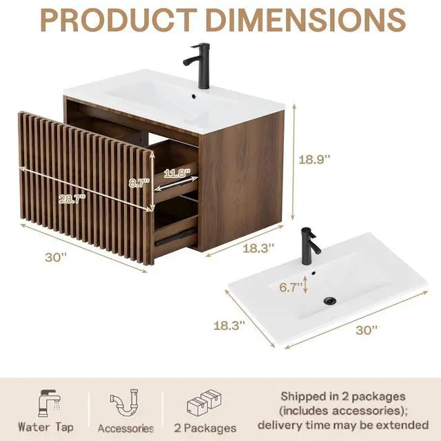 Alt view image 2 of 6 - 30 Inch Bathroom Vanity with Sink Combo, Floating Vanity with 2 Fluted Drawers, Silent Slides, Floating Wall Mounted Bathroom Cabinet Includes Faucet & Adjustable Drainpipe, Walnut